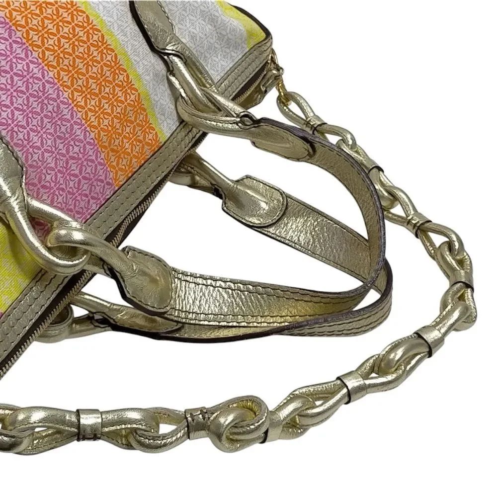 Auth LOEWE Multicolor Anagram Striped Canvas Gold Leather 2way Fiesta Satchel